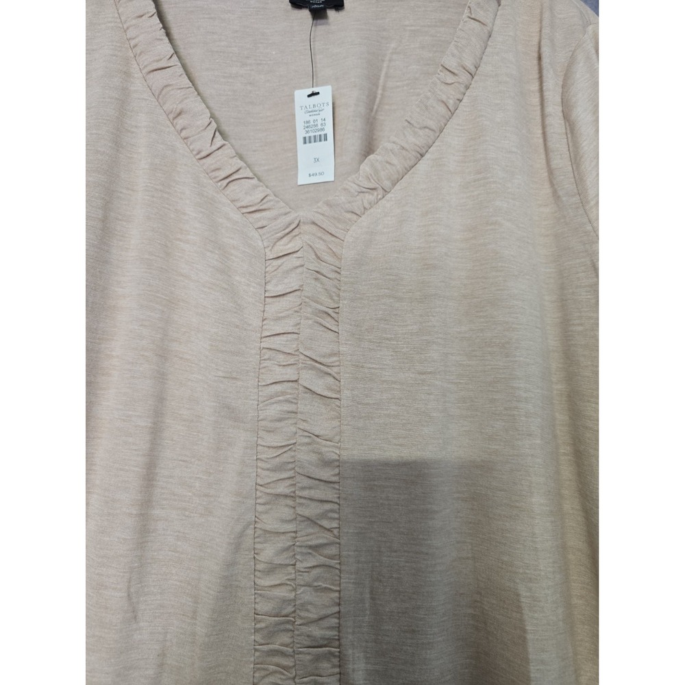 NWT Talbots Woman 3X Tan Beige Ruched Trim V-Neck Long Sleeve Slub Top - Picture 4 of 7